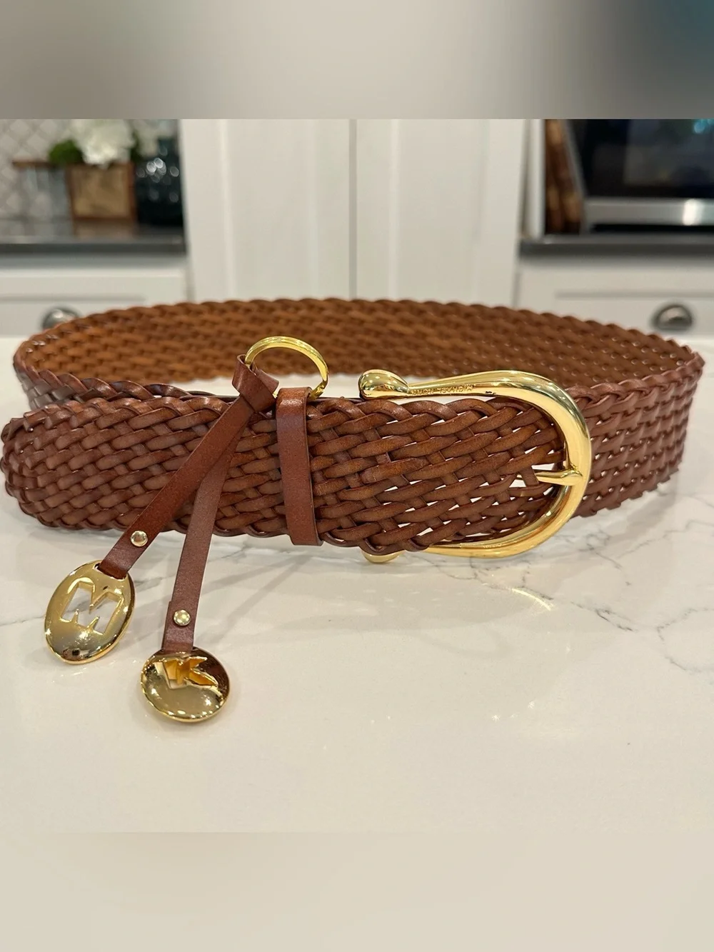 Michael Kors Brown Leather Braided Wide Belt Women’s L Logo Gold Buckle Charm